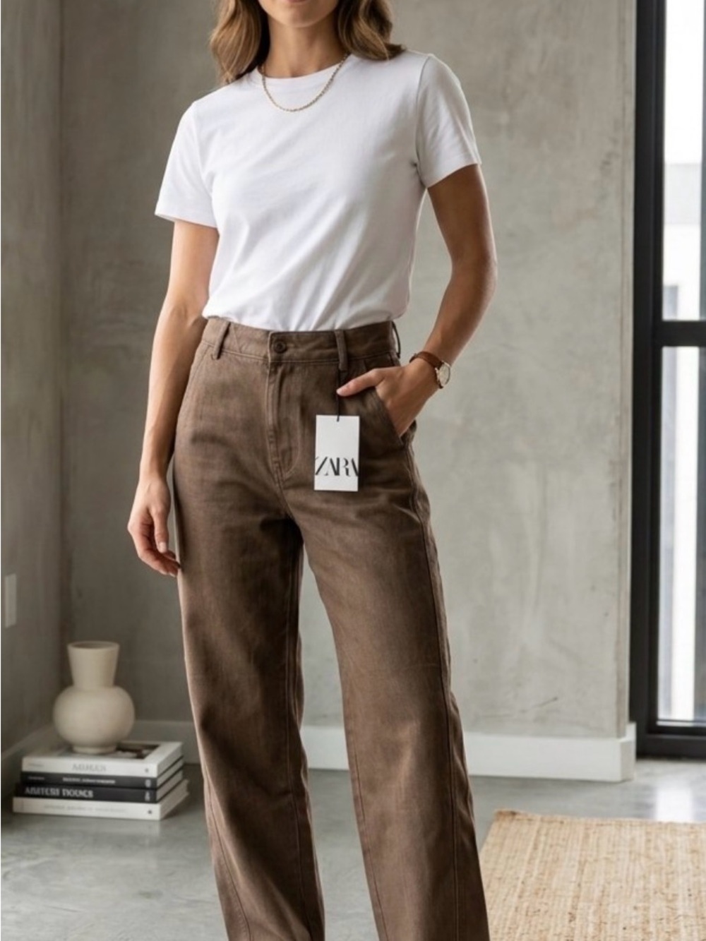 Zara women’s Brown Barrel wide leg jeans SZ12 NWT Earthy minimalist
